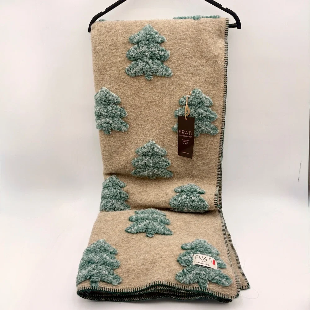 Frati Home Collection Oversized Wool Throw Blanket Neutral Tree Enchanted Forest